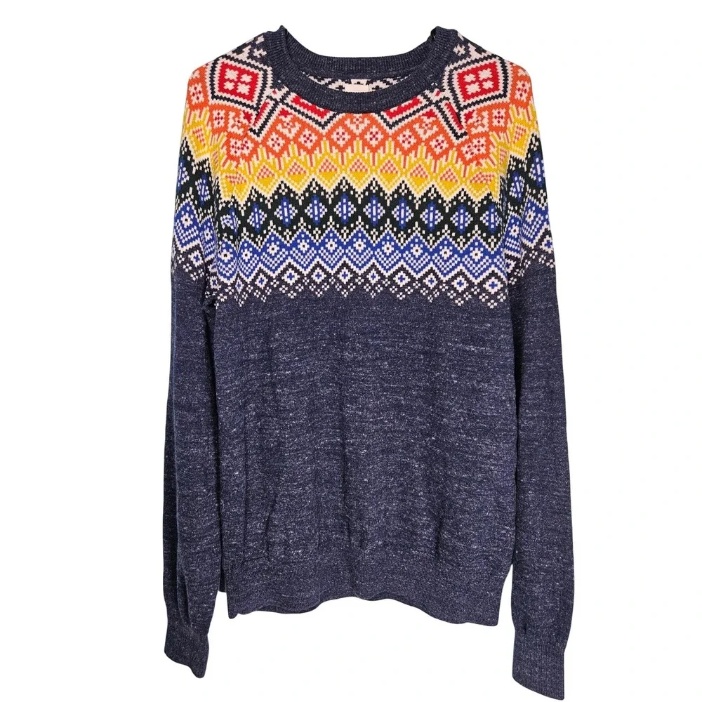 Gap‎ Mens Navy Blue Rainbow Fair Isle Crewneck Cotton Blend Sweater L Nordic Ski
